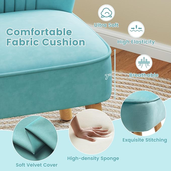 KOMFOTT Velvet Accent Chair Modern Armless Sofa Chair with Solid Rubber Wood Legs Wingback Leisure Chair with Thick Cushion Upholstered Side Chair for Living Room Bedroom Turquoise