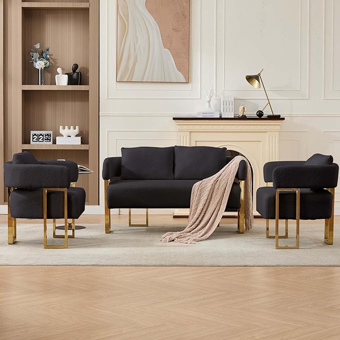Teddy Fabric Accent Chair Modern Side Chair with Gold Metal Legs 51 Inch Wide Upholstered Loveseat for Living Room Dressing Area Office (Black+Gold)