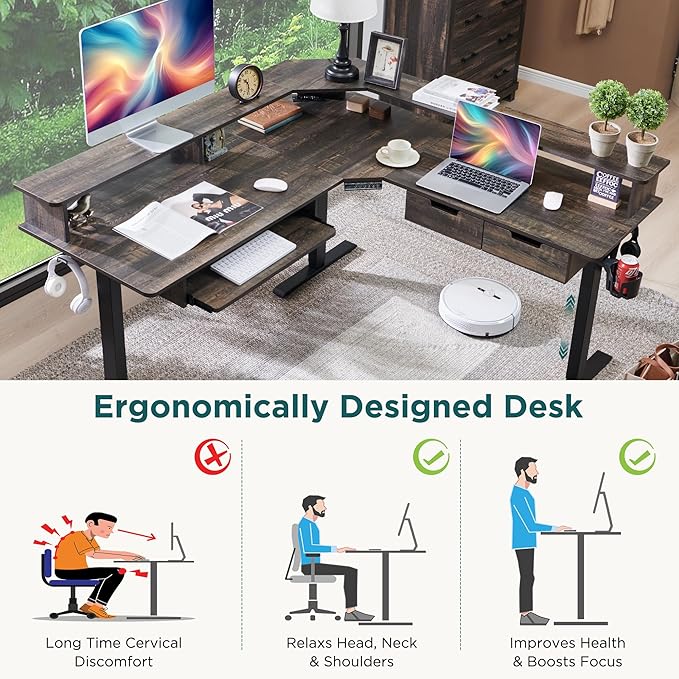 RedLemon Electric L Shaped Standing Desk 60 Motor Height Adjustable Sit Stand Corner Desk with Led Large Home Office Desk Computer Workstation Dark Rustic Oak