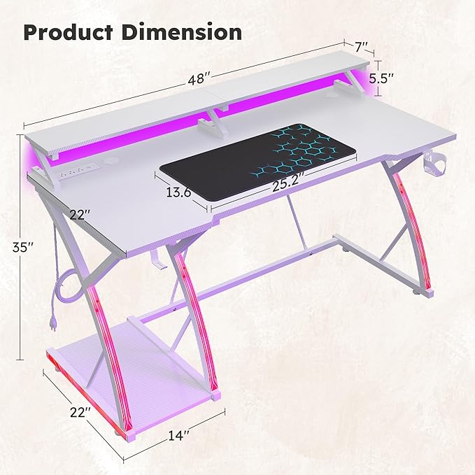48 inch Gaming Desk with LED Lights &amp Power Outlet Computer Desk with Monitor Shelf &amp Mouse Pad &amp Cup Holder Ergonomic Carbon Fiber Gaming Table PC Work Home Office Desks PC TableWhite