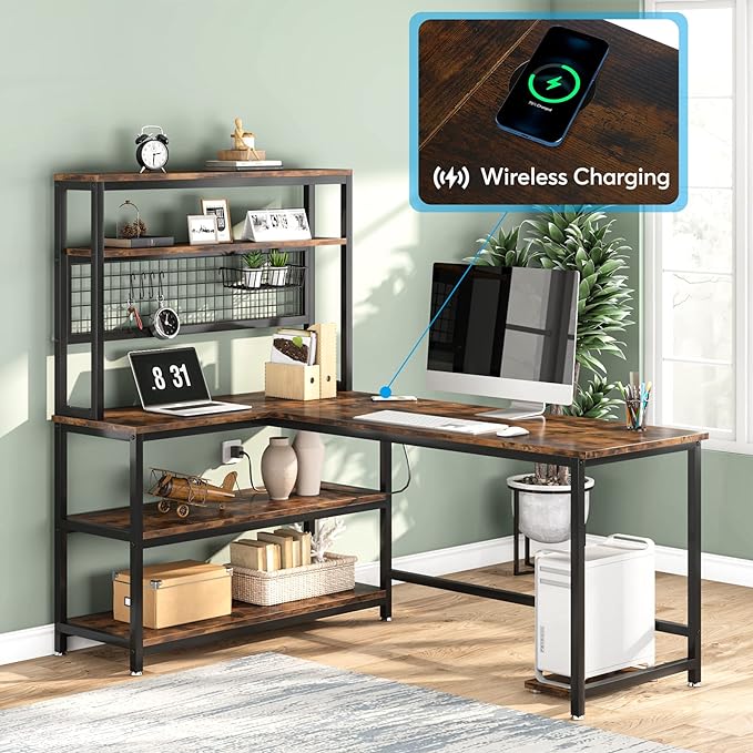 Tribesigns 55 L-Shape Computer Desk with Hutch and Wireless Charging Office Desk Study Table Writing Desk Workstation with 5 Shelves and Movable CPU Stand for Home Office (Brown)
