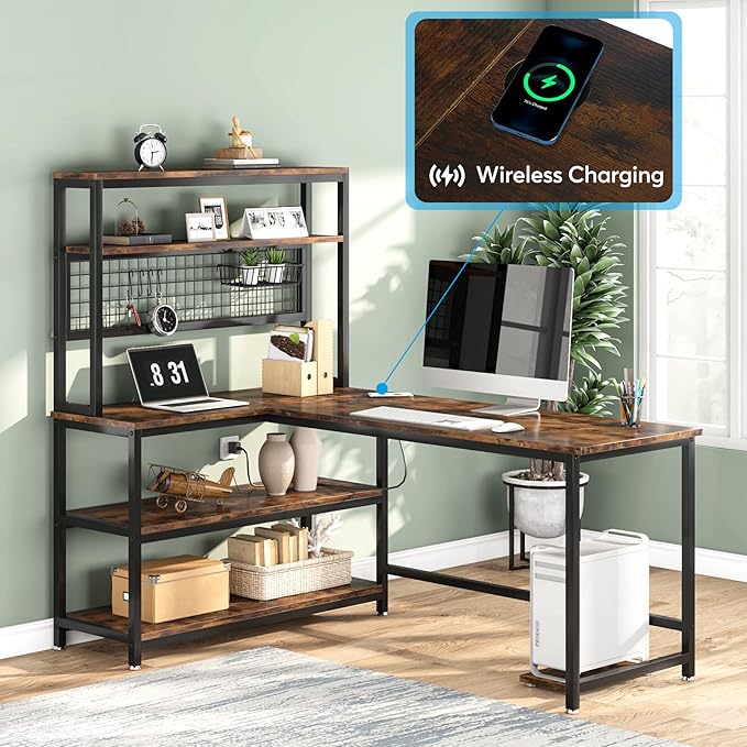 LITTLE TREE L-Shaped Computer Desk 55 Inch Reversible Office Desk Study Writing Table with Wireless Charging and Bookshelf for Home Office Brown