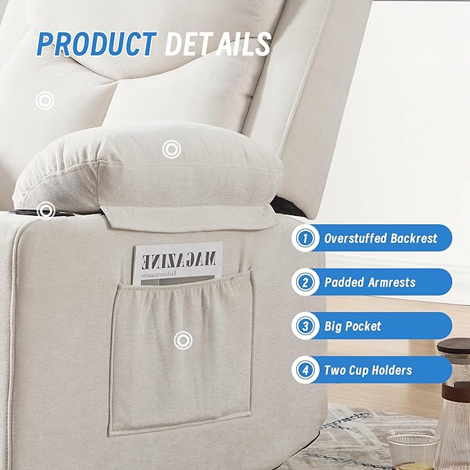 Manual Rocker Recliner Chair for Adults with Vibration MassageGlider Rocking Recliner Chairs for Living Room Bedroom Overstuffed Reclining Sofa Chair with Pockets and Cup Holds (Beige)