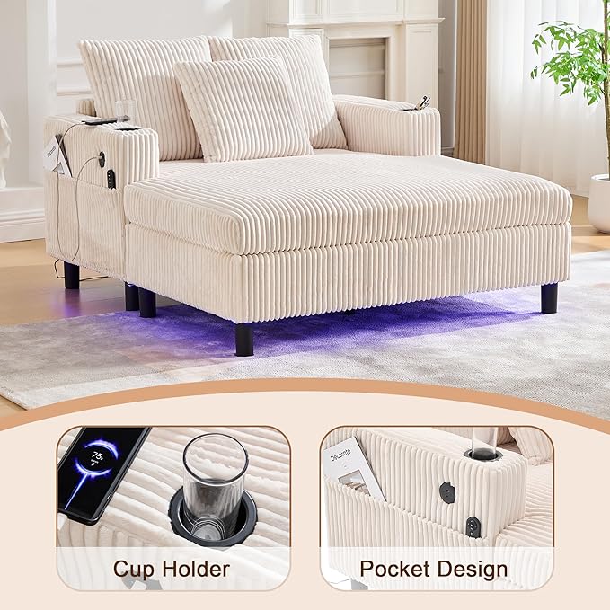 KEIKI 50 W Corduroy Oversized Recliner Single Sofa Longue with Deep Seat3 PillowsUSB ChargingCup Holder and Side Pocket