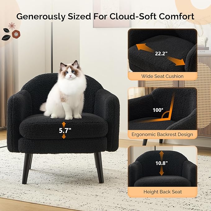 VINGLI 30.3 Wide Modern Barrel Accent Armchairs Set of 2 with Track Armrest Solid Wooden Legs Comfy Upholstered Club Chairs Single Home Sofa for Living Room Bedroom ReadingTeddy Fleece Black