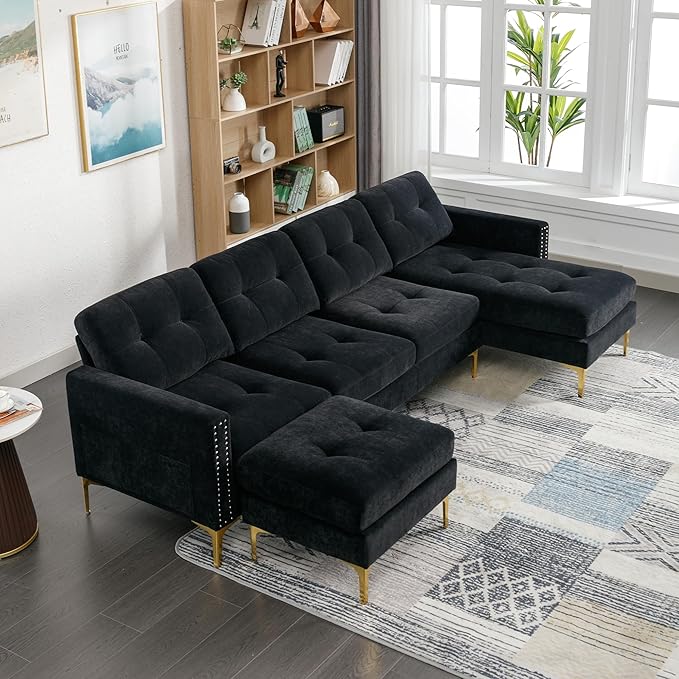 kevinplus 111 Velvet Sectional Sofa Couch for Living Room Modern Contemporary L-Shaped 4-Seat Tufted Sofa Couch with Chaise Lounge &amp Ottoman for Apartment Office Strong Metal Leg Black