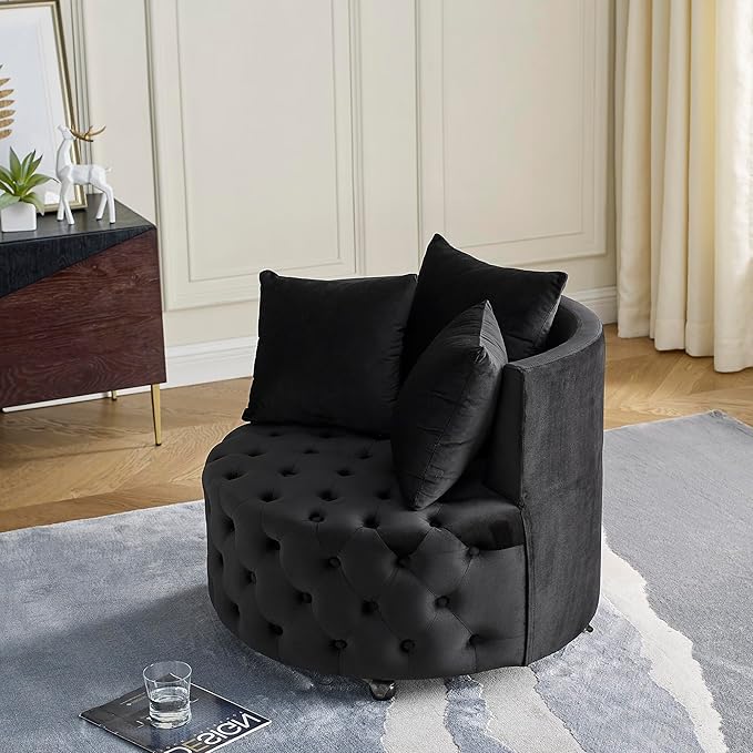 Anwick Velvet Swivel Barrel ChairModern Upholstered Accent Chair with WheelsLarge Single Sofa Chair for Living Room Club Bedroom Home Office (Black+Velvet)