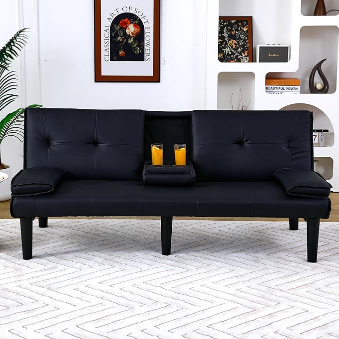 KEIKI 3 in 1 Convertible Sleeper Sofa Bed PVC Loveseat with Cup Holder Foldable Futon Sofa Bed for Living Room Guest Room Dorm Black