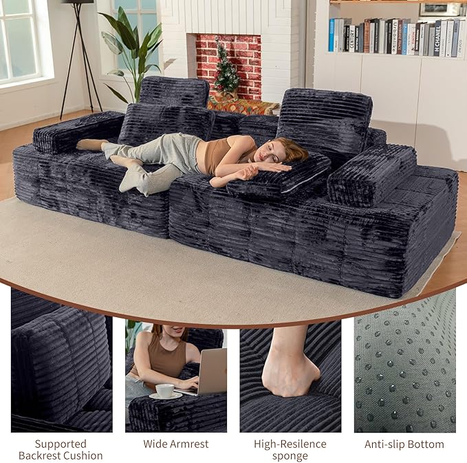 113'' Modular Sectional Boneless Sofa Oversized Chaise Lounge with Deep Seats Modular Cloud Sleeper Sofa No Assembly Required | Boneless Sofa
