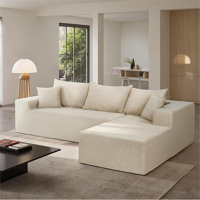 103 L Shaped Sectional Boneless Couch for Living Room Modern Modular Cloud Sofa with Right Facing Chaise Comfy Deep Seat Memory Foam Couch in Box No Assembly (1CM Wide Striped Corduroy Beige)