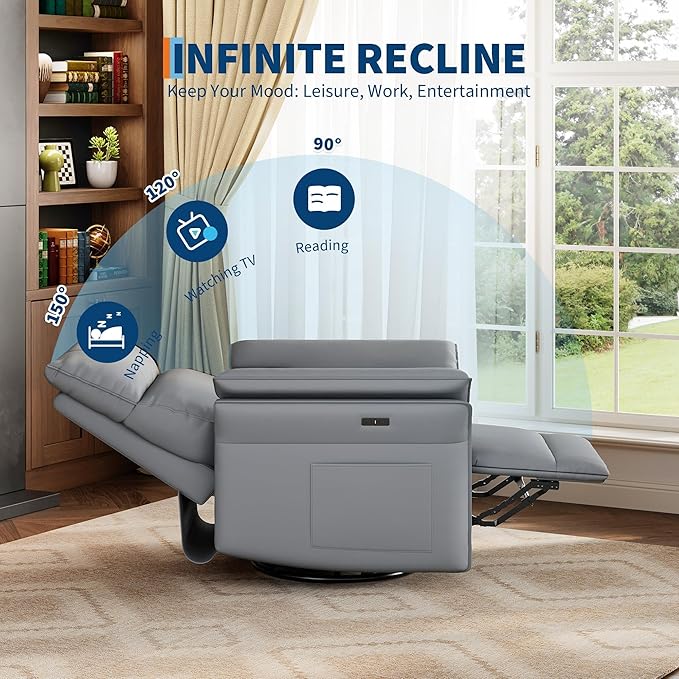 GarveeHome Power Recliner Chair with Side Pockets 270° Swivel &amp Glider USB Charging Port PU Leather Thickened Dual-Layer Armrests Modern Recliner for Living Room Bedroom (Silver)