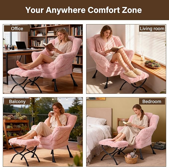 Welnow Lazy Chair with Ottoman Modern Accent Chair with Armrests and a Side Pocket Leisure Sofa Armchair Set Reading Armchair with Footrest for Small Space Plush Pink