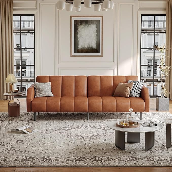 Fadware Faux Leather Couch Convertible Futon Sofa Bed with Adjustable Backrest Mid Century Leather Sofa Loveseat with Side Pockets&amp Metal Leg Modern Leather Sleeper Sofa for Living Room Bedroom