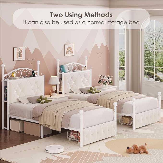 Keyluv Twin Upholstered Canopy Bed Frame with Drawer &amp Crystal Tufted Storage Headboard Metal Platform Bed with Charging Station &amp 4 Removable Posts No Box Spring Needed Curtain Not Included