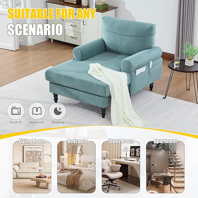KEIKI Chaise Lounge Chair Indoor Oversized Accent Chenille Armchair with Storage Leisure Sleeper Single Sofa Side Chair Corner Recliner Arm Chairs for Living Room Reading Easy Assembly Mint Green