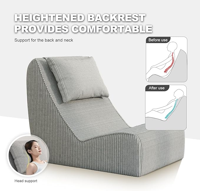 Giant Bean Bag Chair for AdultsCorduroy Chaise Lounge with Unrivaled Back Support Detachable Neck Pillow Comfortable Ottoman &amp Washable Cover for Living Room Bedroom Garden (Grey)