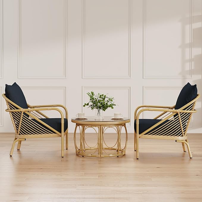 Living Room Chairs Accent Chairs Set of 2 with Coffee Table Comfy Arm Chair with Cushions Rattan Reading Accent Chair for Bedroom Mid Century Modern Couch for Sunroom/Deck/Lounging Gray