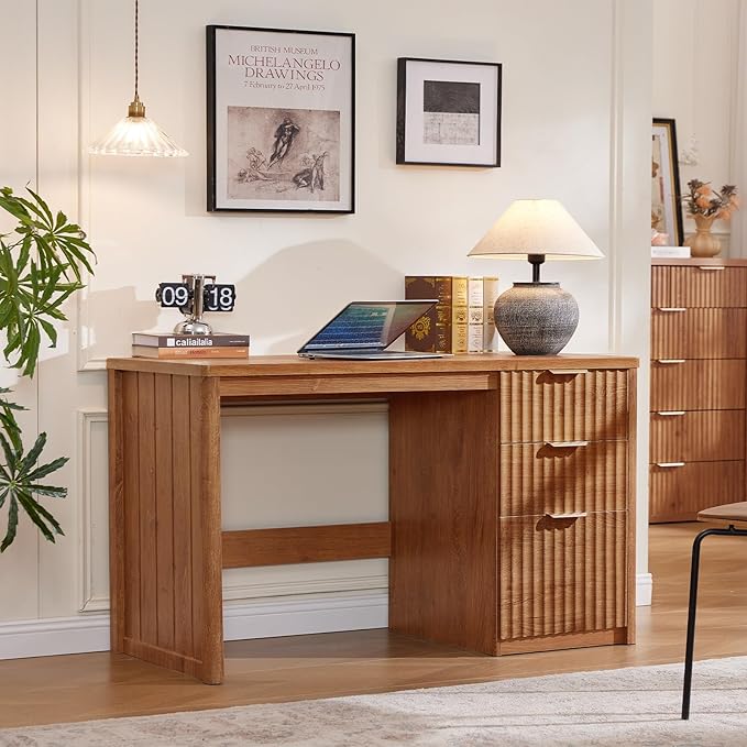 LEYAOYAO Office Desk 48 with 3 Drawers Storage File Cabinet Wood Fluted Desk for Computer Office Bedroom Home Furniture Tea Brown