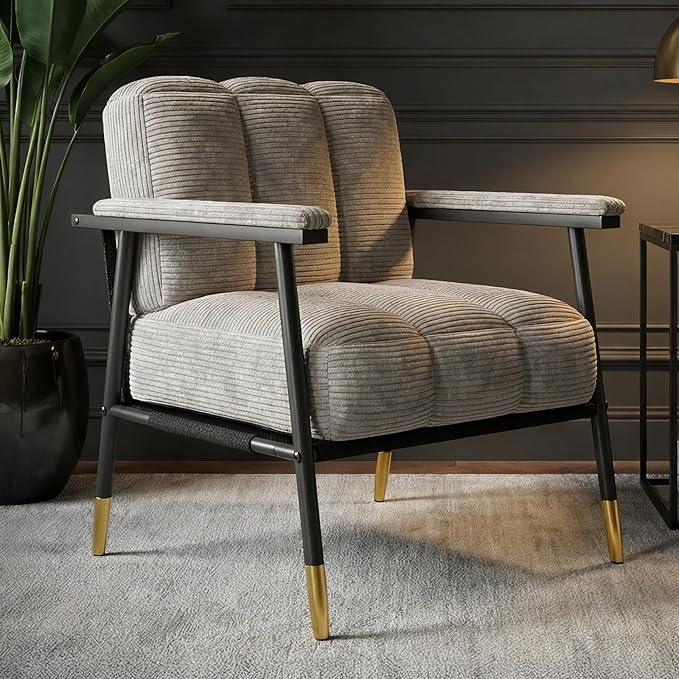 Accent Chair Mid-CenturyMetal FrameArmchairUpholstered Reading Chair for BedroomLiving RoomOfficeGuest RoomGrey