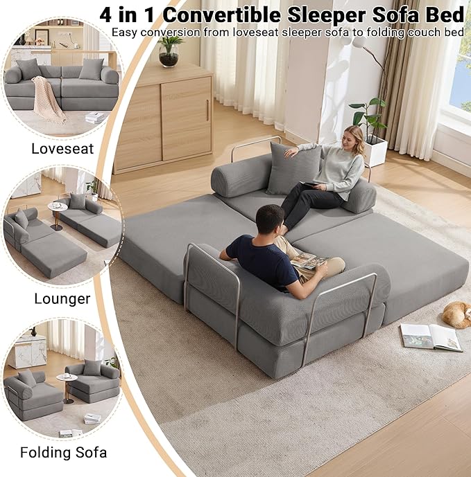 73 Convertible Sleeper Sofa Bed Corduroy Boneless Couch in a Box 4-in-1 Folding Mattress Loveseat Couch Comfy Modular Foldable Floor Sleeper Sofa with 2 Pillows and Fixed-Shape Frame (Gray 73)