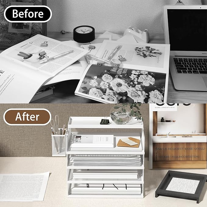 Metal Stackable Letter Trays 4-Tier Desk Organizer &amp Paper Trays for Office Stackable File &amp Document Tray with Magnetic LabelsWhite