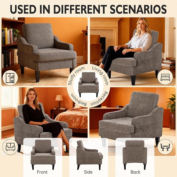 Accent Chair for Living Room Upholstered Living Room Chair with Side Pockets Comfy Accent Chairs for Bedroom Mid Century Modern Armchair for Office Apartment Waiting Room Club (Brown)