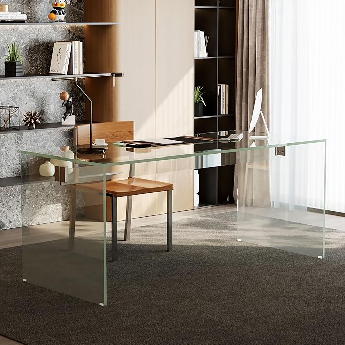 53.14 Modern Tempered Glass Executive Desk with Drawer Black Wood Finish and Tempered Glass Legs – Minimalist Stylish Workstation Table for Home Office (Transparent Glass Desk)