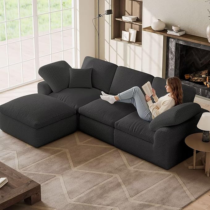 Cloud Sectional Couches for Living Room L Shaped Modular Sectional Sofa with Ottoman Convertible Corduroy Couch for Apartment 4 Seater Boneless Comfy Cloud Sofa No-Assembly Grey