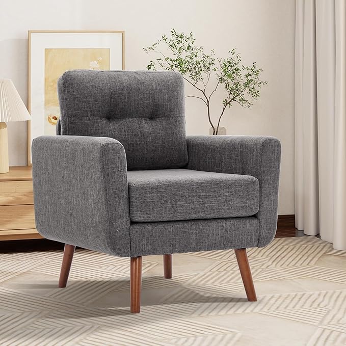 Tbfit Accent Chair Reading Chair for Living Room &amp Bedroom Mid Century Modern Arm Chair Button Tufted Upholstered Accent Chairs Sofa with Solid Wood Frame Grey | linen fabric button tufted s