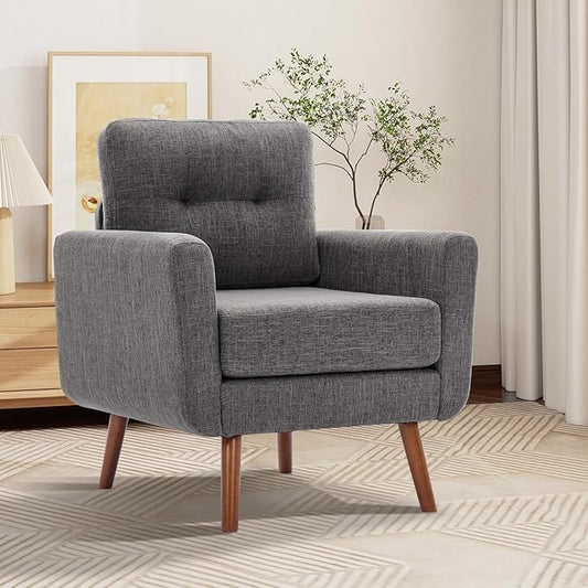 Tbfit Accent Chair Reading Chair for Living Room &amp Bedroom Mid Century Modern Arm Chair Button Tufted Upholstered Accent Chairs Sofa with Solid Wood Frame Grey | linen fabric button tufted s