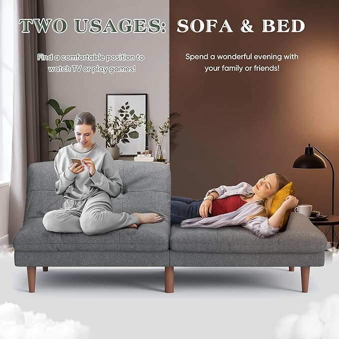 Furmax Futon Sofa Bed Modern Linen Couch Convertible Folding Futon Reclining Sleeper Sofa Couch for Small Space Apartment Loveseat with Adjustable Backrest (Dark Grey)