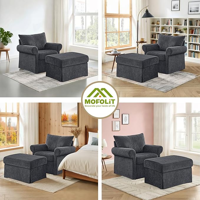 Living Room Chairs with Ottoman Small Accent Chair for Bedroom Single Sofa Couch with Chenille Fabric for Apartment and Small Places (Dark Grey)