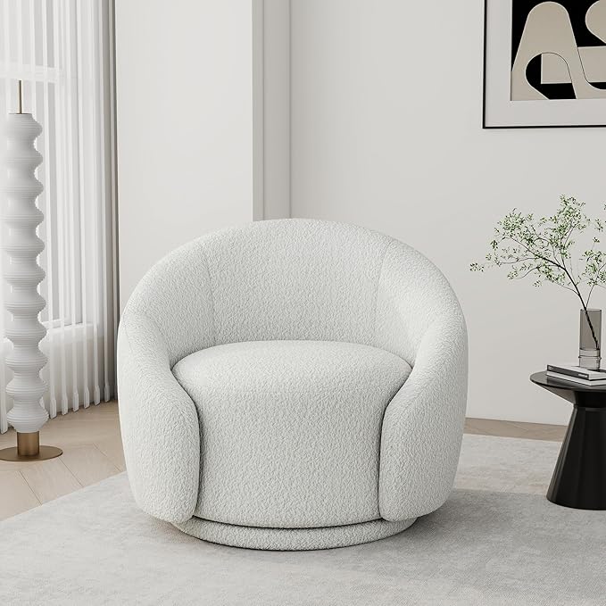 Swivel Barrel Accent Chair 360° Small Round Sofa Chair Comfy Modern Reading Armchair for Living Room Bedroom (Boucle White Set of 2)