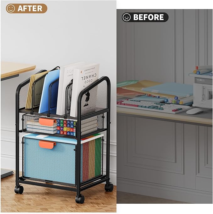 Marbrasse Rolling File Cart with Adjustable Dividers Mobile File Cabinet on Lockable Wheels Office Filing Cabinet Organizer Hanging File Folder Organizer for Home Office - Black