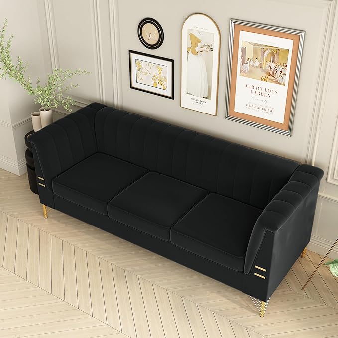 83.46 W Black Velvet Sofa Couch with Metal Gold Legs 3-Seater High Arm Upholstered Sofa for Living Room Bedroom Office (Black)