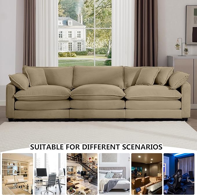 Aoowow Corduroy 3 Seater Sofa CouchModern Large Cloud Couches for Living RoomModular Sectional Cloud Sofas with Deep SeatOversized Tufted 3 Seat Sofa Set. (Tan 3 Seater)