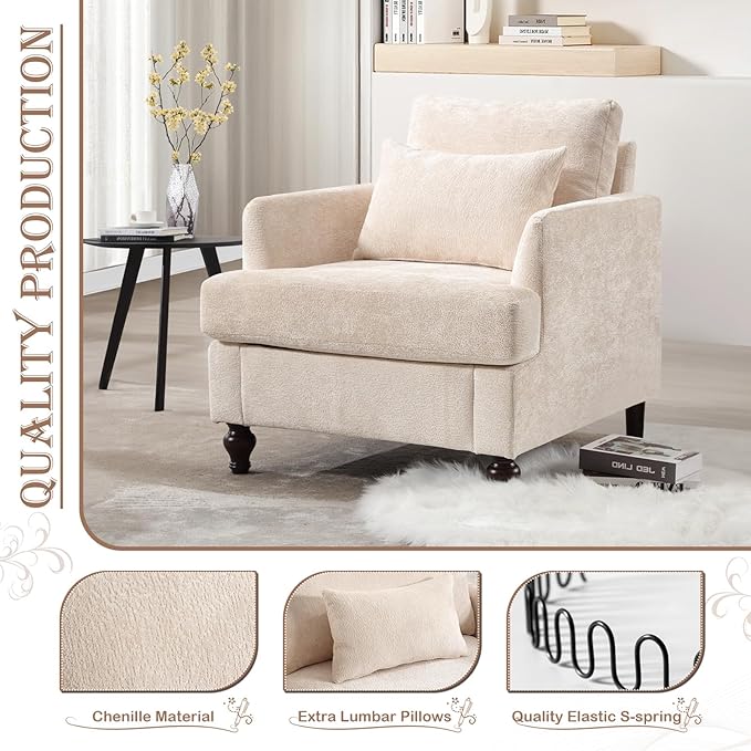 KINFFICT Modern Accent Chair for Living Room Upholstered Single Sofa Chair with Lumbar Pillow Comfy Armchair with Thickened Cushion Living Room Chairs for Bedroom Office Beige Chenille