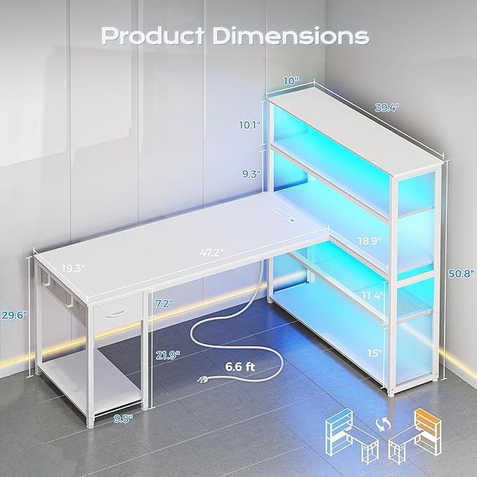 PRAISUN 57 Inch L Shaped Gaming Computer Desk with Larger Open Cabinet Reverisble Office Desk with Power Outlets LED Lights Work Desk Fabric Drawer Adjustable Wood and Mesh Shelf White