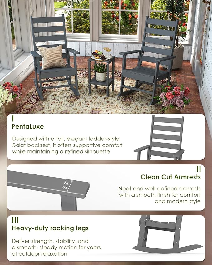 GREENVINES Outdoor-Rocking-Chairs-Set-of-2 | HDPE Plastic | Patio Rockers | Porch Rocker Chair | Shaker | Oversized | High Ladder Back | Big &amp Tall | PentaLuxe | Grey
