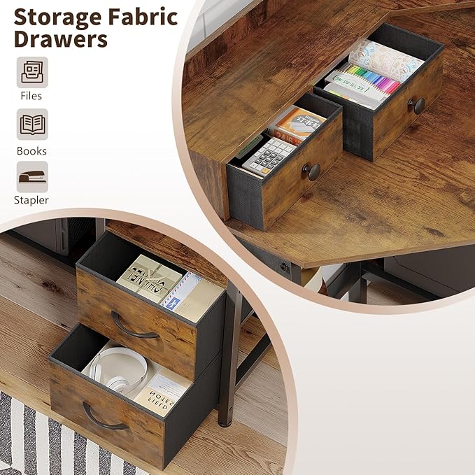 Corner Desk with 6 Fabric Drawers Shelves for Small Space Computer Desk with Power OutletsGaming Desk with Printer Monitor Stand Storage for Home Office Workstation Writing Table Brown