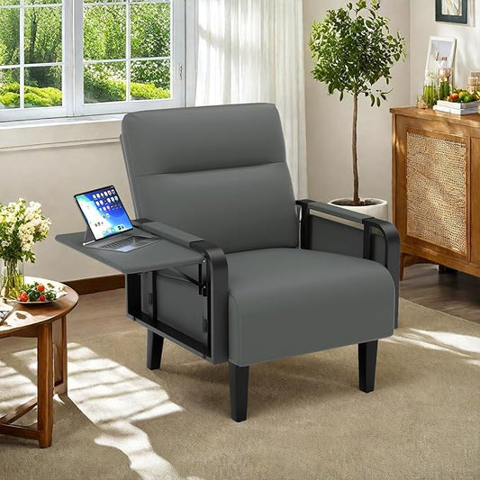 Modern Accent Chair Mid Century Armchair with Side Table &amp Wood LegsUpholstered Faux Leather Sofa Side Chairs for Living Room Reading OfficeBedroom(Grey)