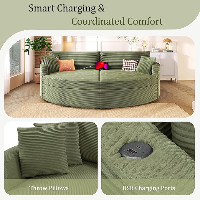 Merax 102.3 Oversized Double Chaise Lounge Indoor Comfy Corduroy Upholstered Loveseat Sleeper Sofa Bed Deep Seat Cloud Couch with USB Ports and Throw Pillows for Living Room Green