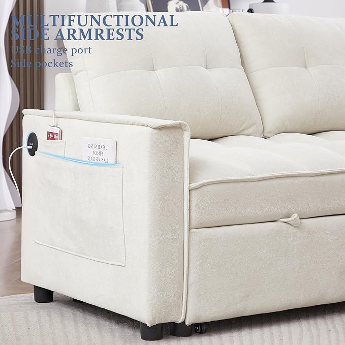 Reversible Sectional Sleeper Sofa - Pull Out Sofa Bed Couch with USB and Tape-c Charging Ports L-Shape Sleeper Sectional Couch for Living Room Office and Small Apartment (Beige)