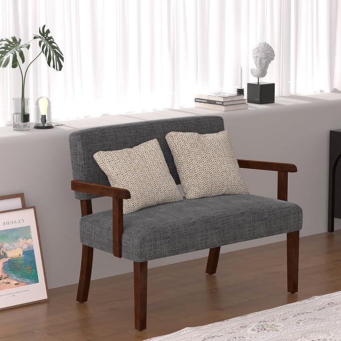 Accent Chair 2 Seat Upholstered Reading Leisure Chair Bench with Solid Wood Frame (Gray)