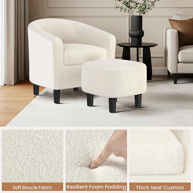 Yaheetech Accent Chair and Ottoman Set Mid Century Boucle Fabric Barrel Chair and Comfy Fabric Footrest for Living Room/Bedroom/Reading Room Ivory 2 PCS