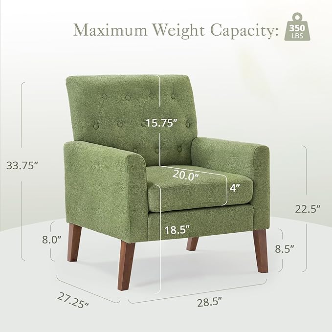 LUE BONA Linen Accent Chair 18.5 H Upholstered Button Tufted Arm Chair Comfy Living Room Chair with Arms Modern Armchairs for Bedroom Living Room Avocado Green