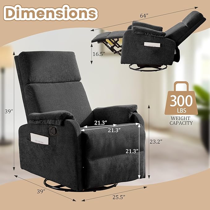 Recliner Chair Swivel Rocking Recliner Chair for Adults Glider Rocking Chair Small Nursery Chair Recliner for Living Room Reclining Chair with Modern-Designed Armrests Chenille Black
