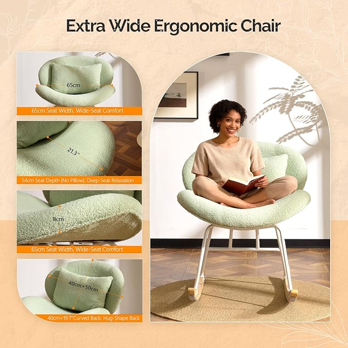 VINGLI 25.6 Extra Wide Nursery 115° Armless Rocking Chair Curved Cute Cross-Legged Glider Chair with Pillow &amp Solid Wood Nursing Chair for Bedroom Living Room Teddy Fleece Mint Green