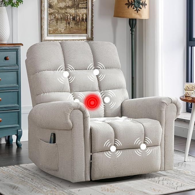 CANMOV Massage Swivel Rocker Recliner Chair with Heat and Vibration360°Swivel Rocking Glider Recliner Single Sofa with Side Pocket Manual Recliner Chair for Living RoomBedroomLight Grey