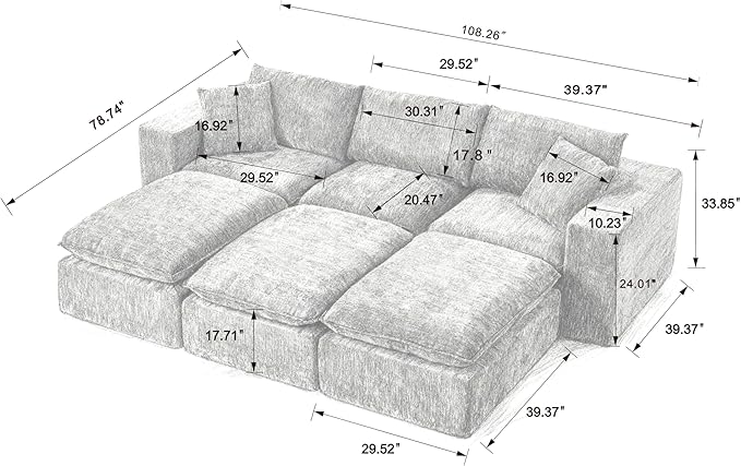 KEIKI 108 Oversized Chenille Modular Sectional Sofa with 3 Ottoman &amp High-Density Foam Cushion &amp Pillows Upholstered Modern Cloud 3-Seater Couch Easy Assembly for Living Room Black